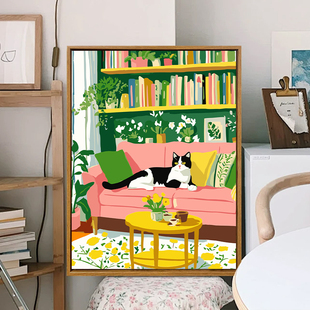 客厅猫咪diy数字油画涂色手工丙烯卡通治愈马蒂斯高颜值ins装 饰画