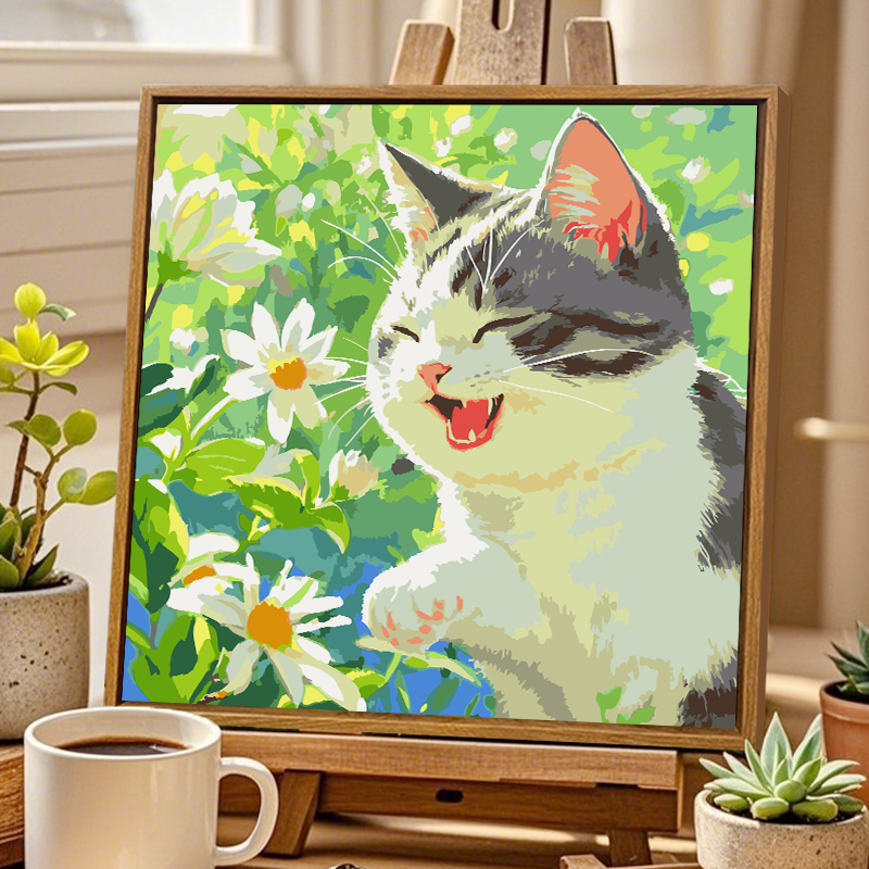 治愈花园猫咪diy数字油画填充涂色手工向日葵花卉|丙烯油彩装饰画图片