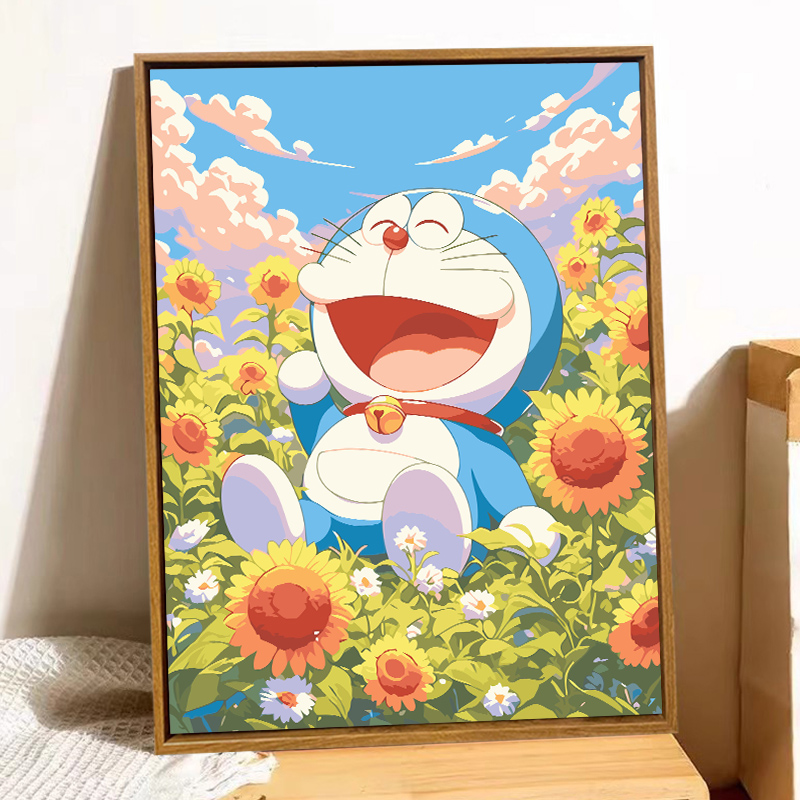 卡通机器叮当猫数字油画春日花丛