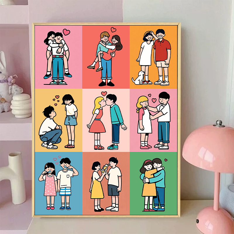 卡通情侣纪念日礼物油彩数字油画