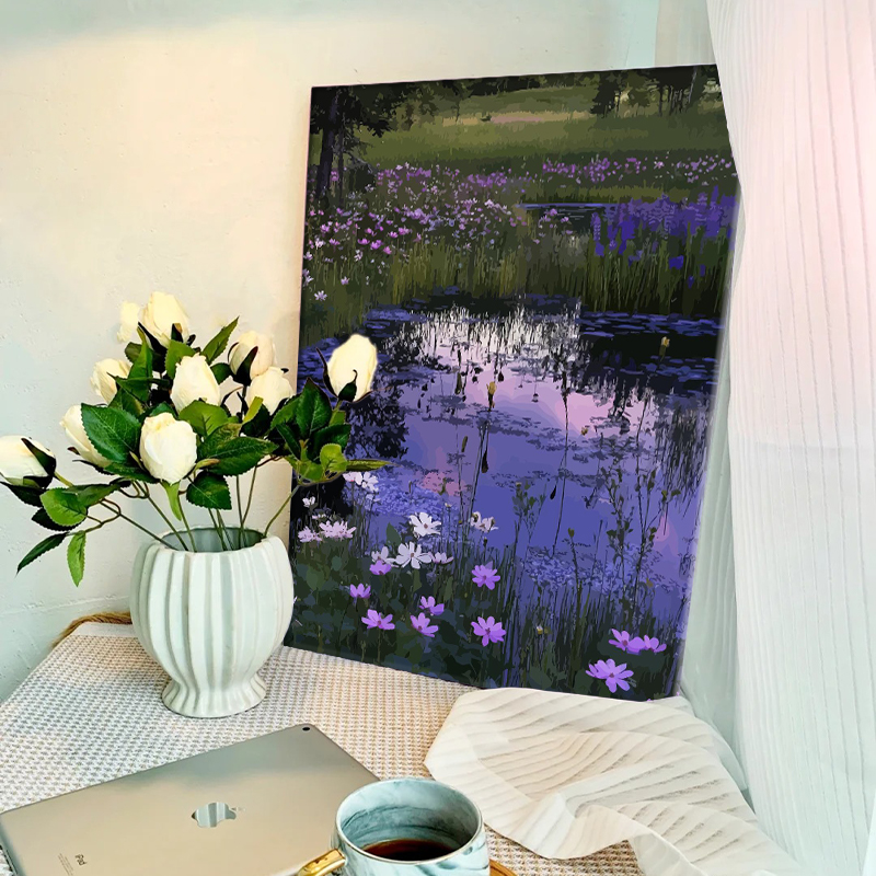 夏日治愈系湖水植物花卉风景diy数字油画丙烯填充涂色家居装饰画图片