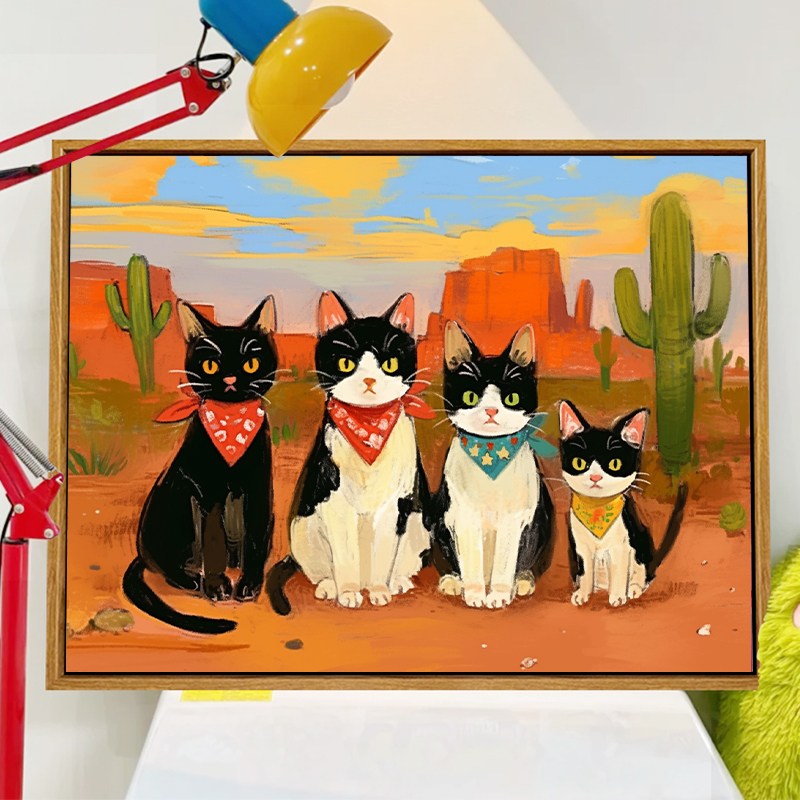 可爱猫咪一家数字油画diy填充涂色手绘丙烯小众全家福油彩装饰画图片