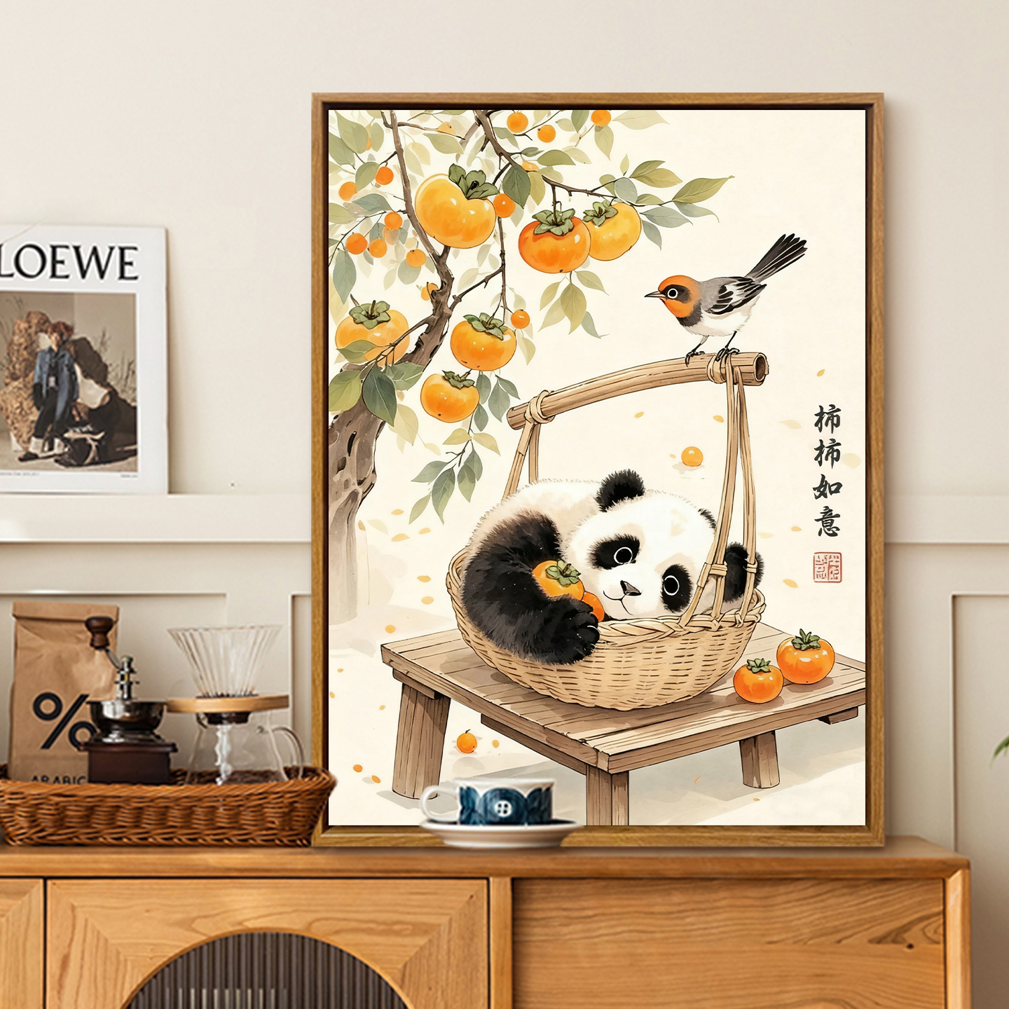 2025新款数字油画中式柿柿如意大熊猫diy手绘丙烯填充解闷装饰画图片