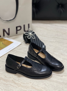 Modern Star手工植鞣牛皮复古雕花T字带平底玛丽珍单鞋英伦小皮鞋