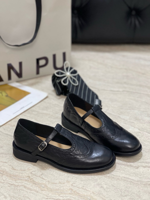 Modern Star手工植鞣牛皮复古雕花T字带平底玛丽珍单鞋英伦小皮鞋