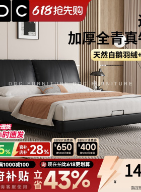 政府补贴DDC真皮床双人床意式极简黑色主卧齐边床储物床2026新款