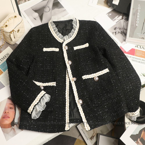 2026新款洋气小香风粗纺亮丝洛丽塔蕾丝边显瘦外套夹棉女短款外搭