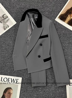 新款春季时尚洋气百搭通勤气质拼色显瘦长袖短款小西装外套女西服