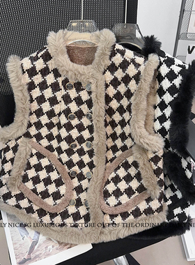 2025秋冬新款小香风仿兔毛宽松显瘦双排扣保暖加绒马甲背心女外套