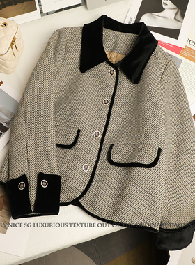 2025新款春秋洋气娃娃领拼接丝绒袖口长袖显瘦短款外套女外搭上衣