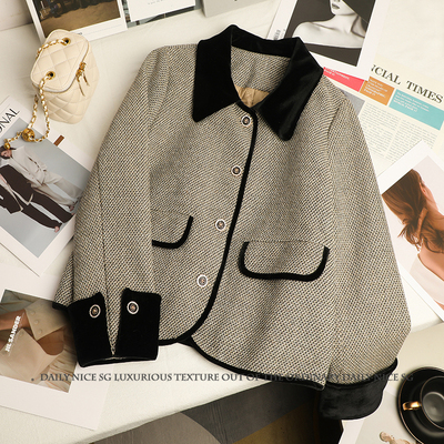 2025新款春秋洋气娃娃领拼接丝绒袖口长袖显瘦短款外套女外搭上衣