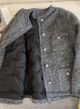 冬季新款法式亮片小香风气质羽绒内胆长袖毛呢轻奢加厚外套女上衣