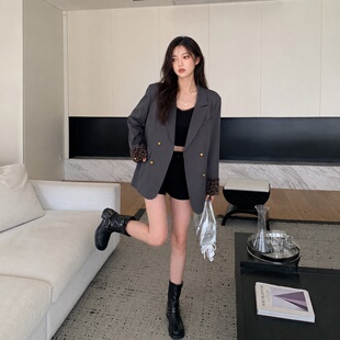 新款春秋季休闲气质长袖豹纹边双排扣显瘦中长款小西装外套女西服
