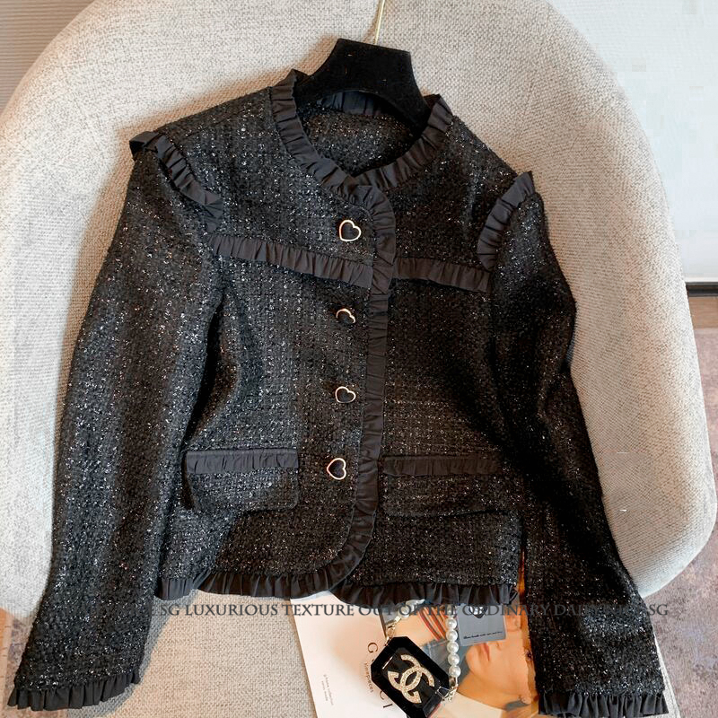 秋冬新款小香风亮丝粗纺法式小众洋气百搭显高显瘦短款长袖外套女