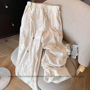 女 宫廷风设计感扎染气质百搭松紧腰直筒休闲丝绒长裤 2025新款 法式