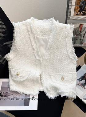 新款洋气小香风气质碎毛边显瘦短款小马甲外套开衫女马夹坎肩背心
