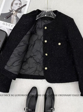2025秋冬新款小香风亮丝加棉加厚羽绒内胆短款粗花呢小外套女上衣