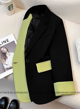 春季新款洋气百搭小香风设计感拼色长袖显瘦小西装外套女西服外搭