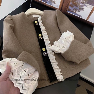 短款 显瘦夹棉薄毛呢外套女外搭 哥特风洛丽塔蕾丝边荷叶袖 秋冬新款