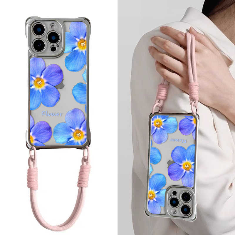 蓝色勿忘花四角挂绳斜跨背带手机壳透明适用苹果华为oppo小米vivo一加SJGS05PL