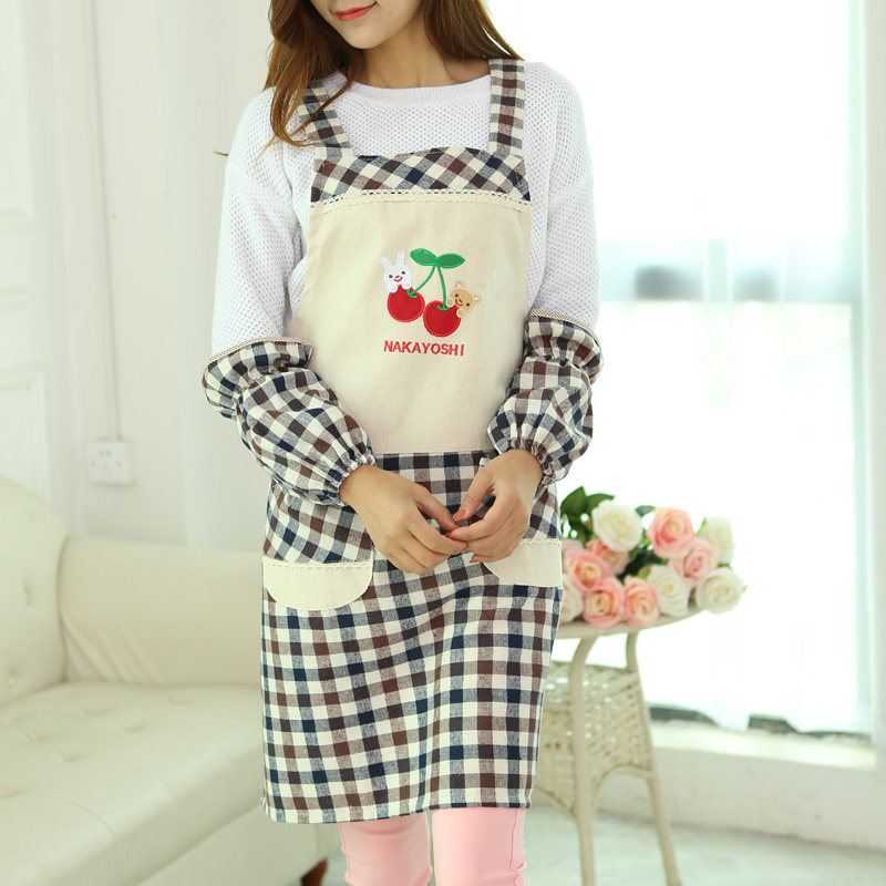 厨房家用围裙套装格子工作服袖套
