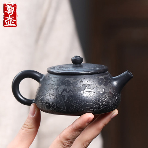 尊壶宜兴纯手工黑朱泥石瓢紫砂壶