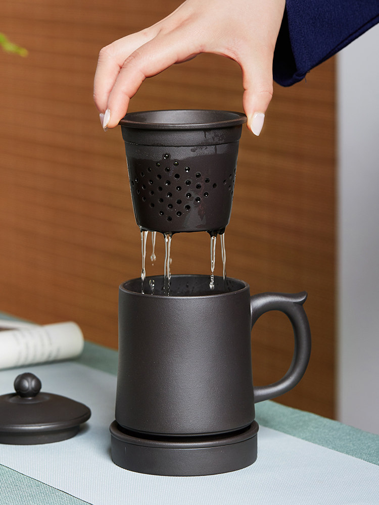 尊壶宜兴紫砂杯原矿黑泥茶杯茶叶水分离衬板过滤隔断水杯陶瓷茶具