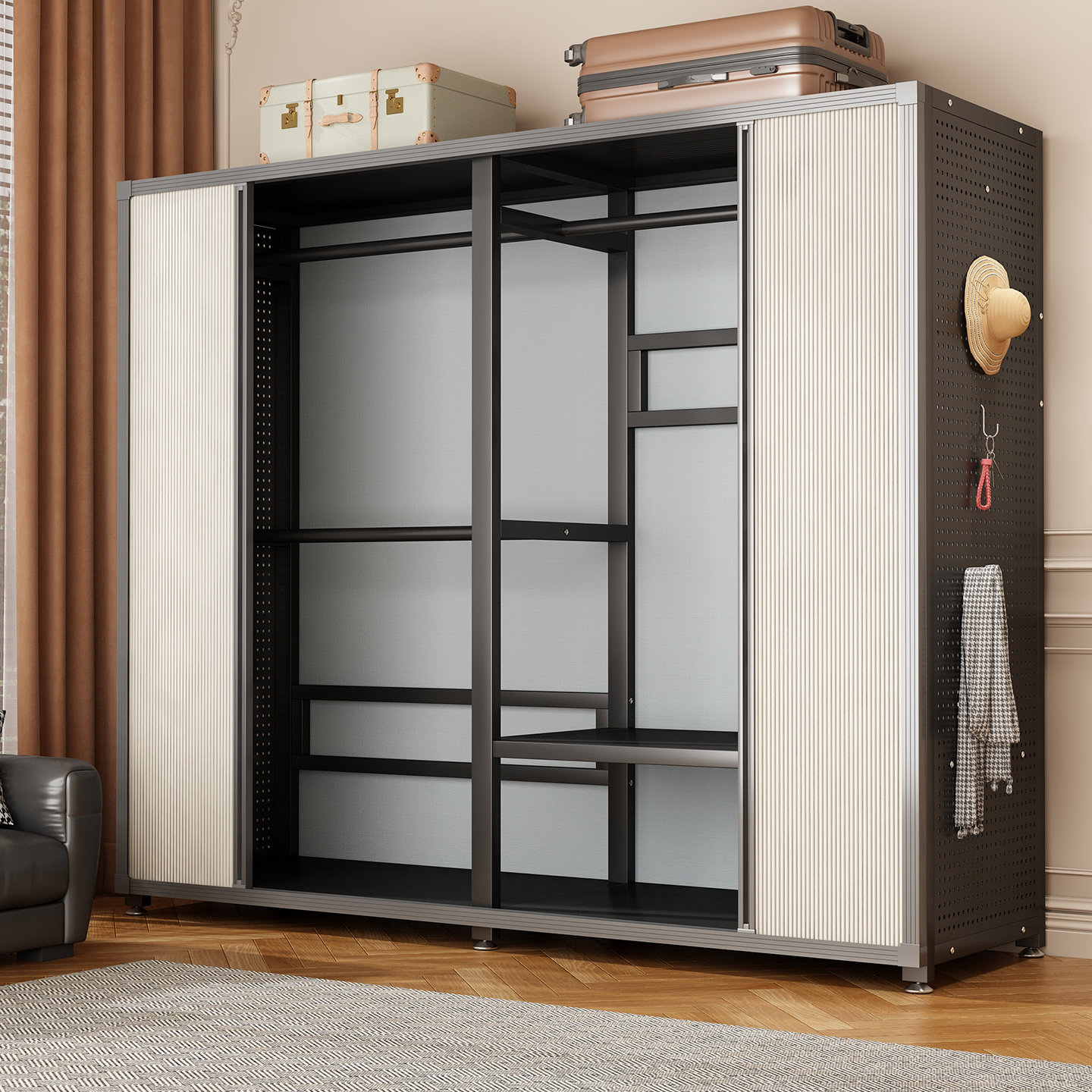 开放式衣柜卧室大容量金属框架洞洞板收纳柜家用小户型推拉门衣橱