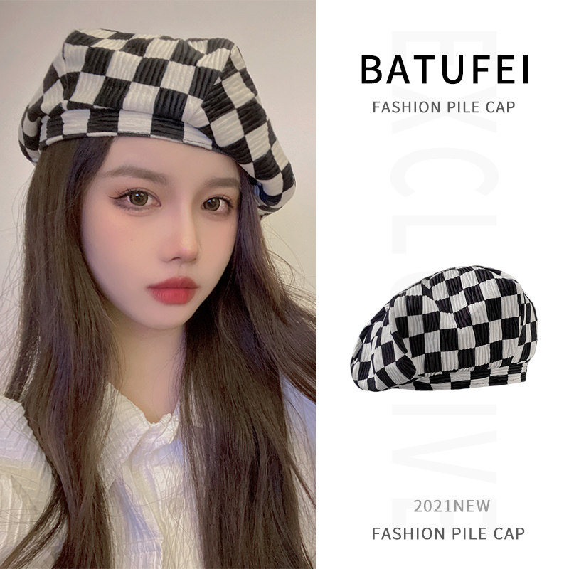 ins小众棋盘格子贝雷帽女夏春秋复古百搭网红大头显脸小云朵帽子