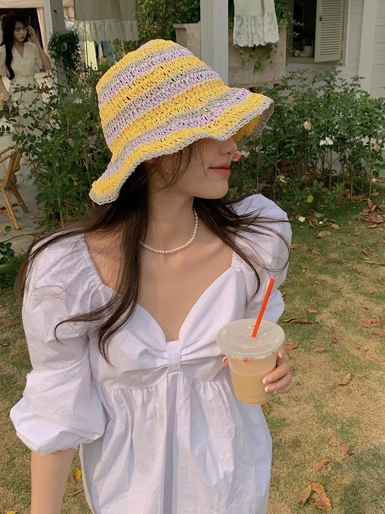 三色杯草帽女夏海边平顶防晒遮阳