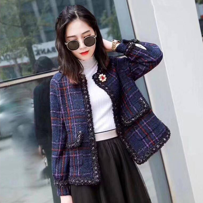 阿瑪施官网2020春新款气质百搭小香风名媛格子毛呢短外套女秋装