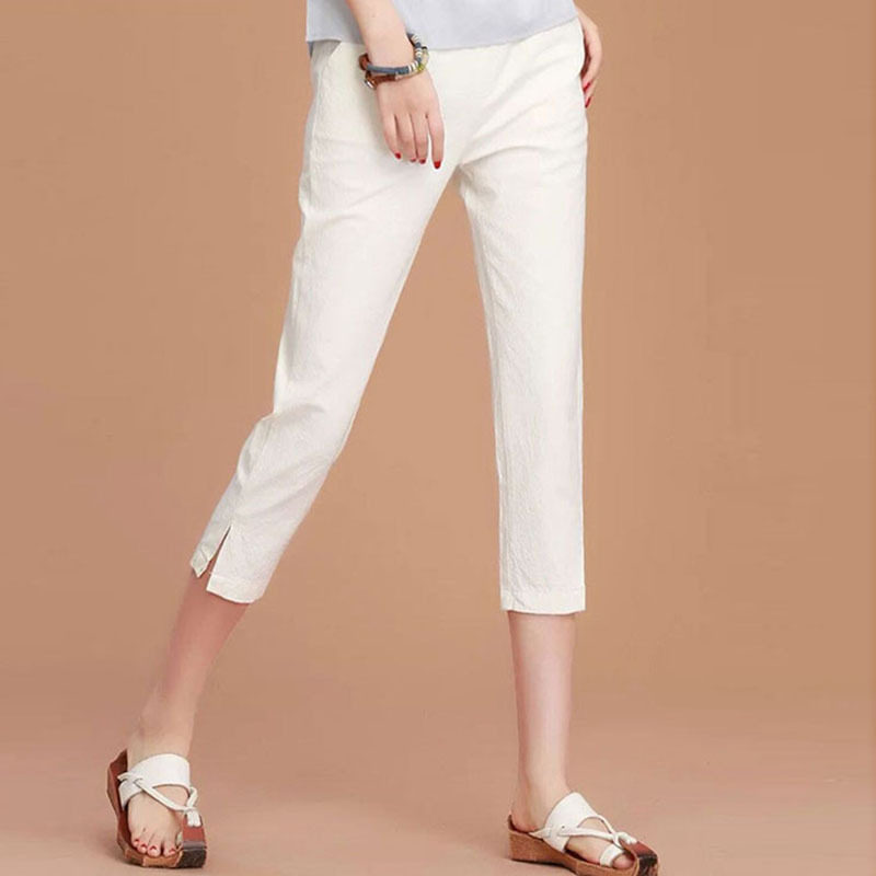 阿瑪施旗舰店官网2020夏季女裤新款韩版七分亚麻休闲裤纯色小脚裤