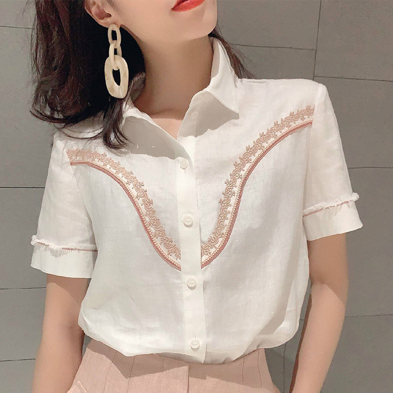 阿瑪施透气亚麻衬衫薄款夏季新款蕾丝花边短袖衬衫衬衣法式小众女