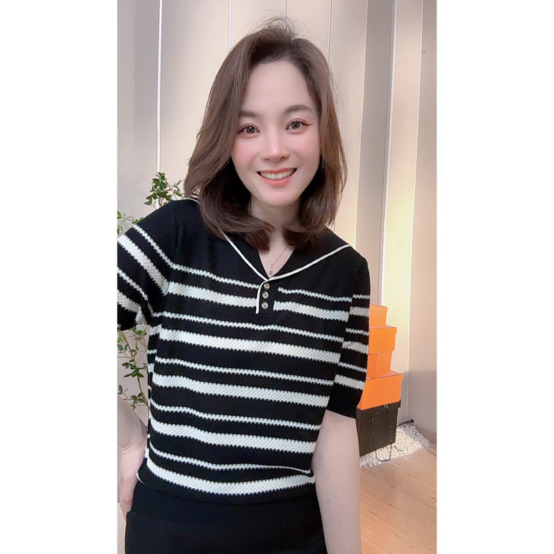 莱赛尔天丝海军领黑白翻领条纹中袖套头针织衫春季打底上衣女