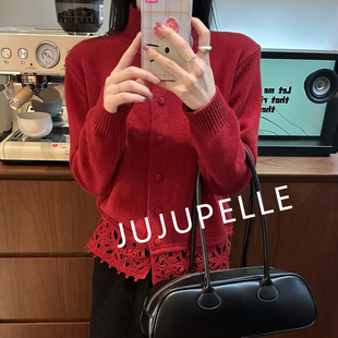绵羊毛~镂空钩花半高领开衫纯色秋冬宽松显瘦女款针织衫毛衣套头