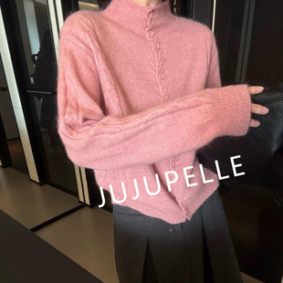 蜜熊绒绵羊毛~麻花纹理纯色半高领针织开衫秋冬新款洋气女款毛衣