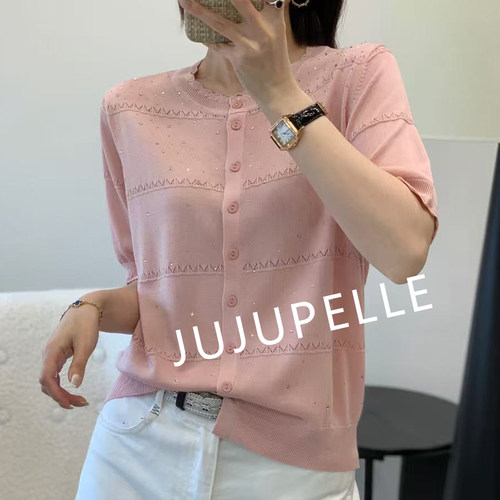 [莱赛尔100]烫钻满天星花边领开衫2026春夏新款针织衫女上衣中袖