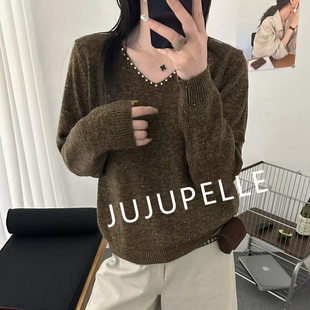 韩版钉珠V领纯色亮片混纺2026早秋显瘦百搭针织衫上衣女毛衣长袖