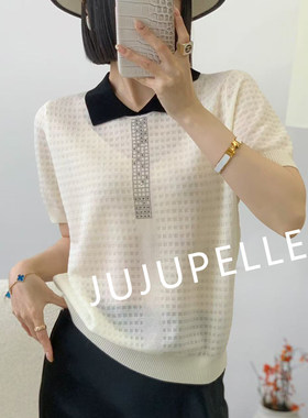 莱赛尔100镶钻翻领撞色2026夏季新款针织衫薄款中袖女士T恤套头