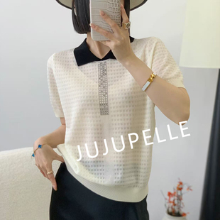 莱赛尔100镶钻翻领撞色2026夏季新款针织衫薄款中袖女士T恤套头