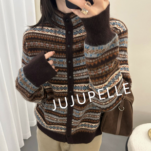 费尔岛半高领复古提花2025秋冬新款宽松毛衣长袖针织开衫上衣女款