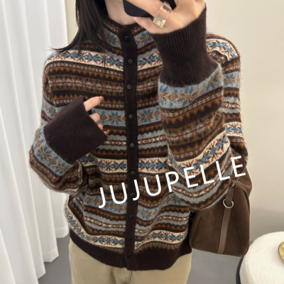 费尔岛半高领复古提花2025秋冬新款宽松毛衣长袖针织开衫上衣女款