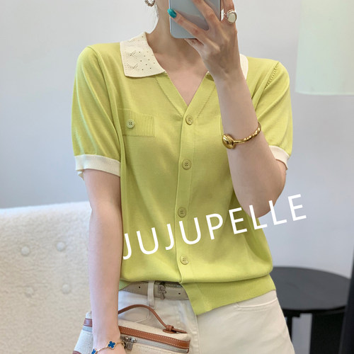[莱赛尔100]撞色翻领小香风假口袋中袖夏季针织衫打底上衣女开衫