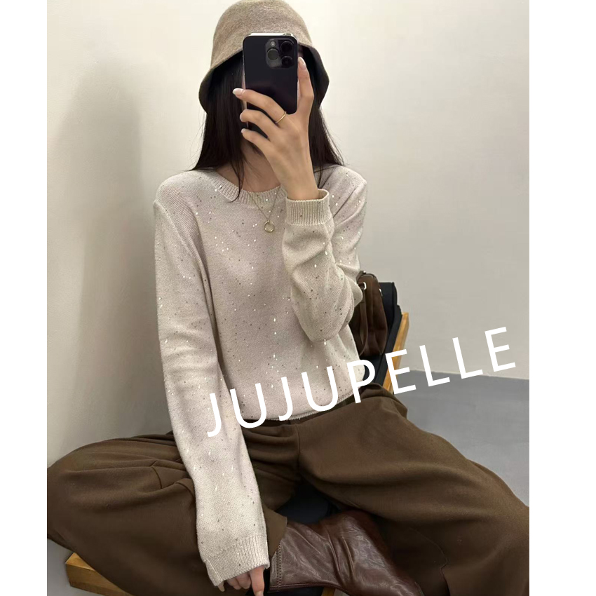 纯色细闪亮片圆领2025早秋新款针织打底衫百搭女休闲宽松毛衣长袖