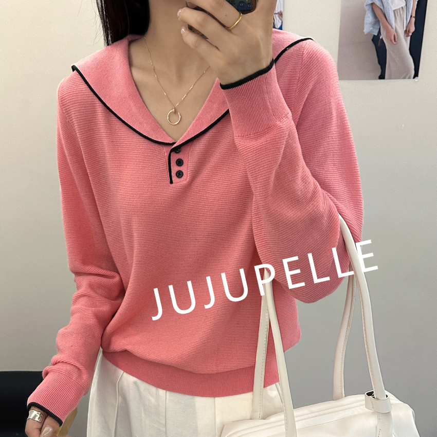 海军领撞色翻领纽扣慵懒2025年秋季韩版百搭宽松针织衫长袖上衣女