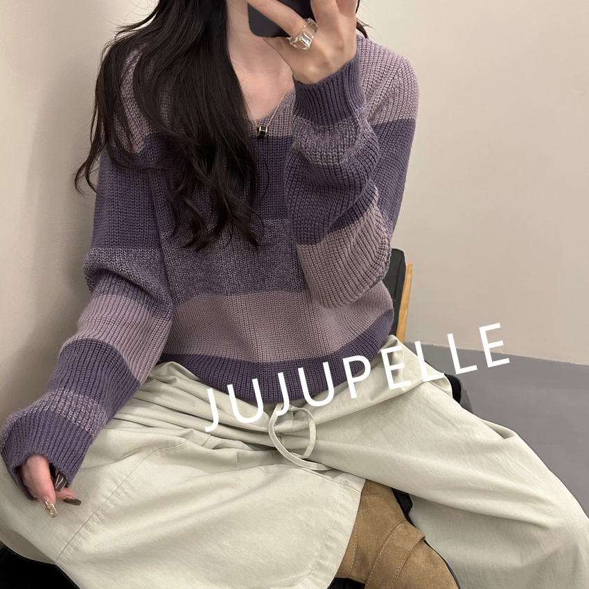 慵懒感撞色条纹2025年早秋新款宽松休闲显瘦针织衫上衣女长袖套头