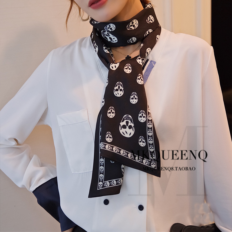 2024秋冬百搭骷髅头丝巾双层斜纹绸真丝女长围巾领巾骷髅头围巾
