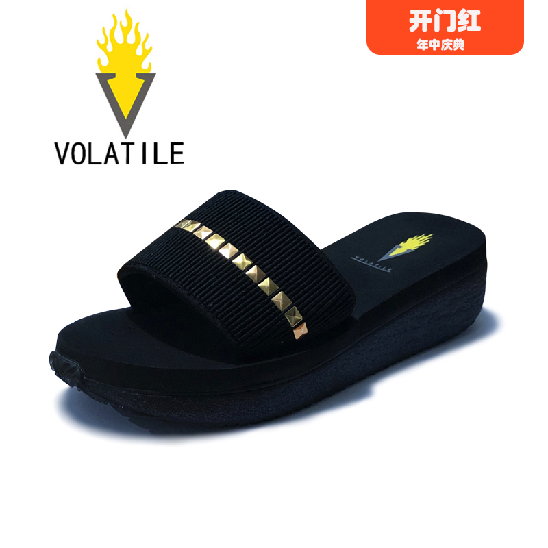 VOLATILE2021夏季新品时尚百搭金属亮片厚底坡跟松糕防滑一字拖女