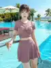 Swimsuit women's conservative two-piece flat-angle swimsuit 2021 new thin belly cover short-sleeved sports large size spa swimsuit