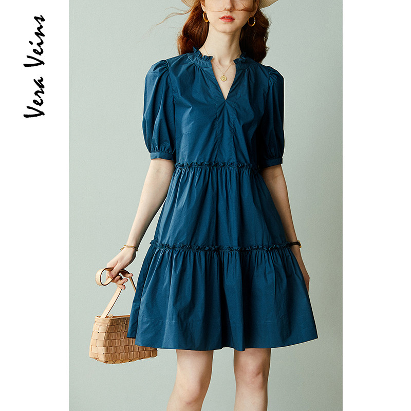 复古孔雀蓝娃娃款a字裙20夏季新款小个子木耳边泡泡袖法式连衣裙